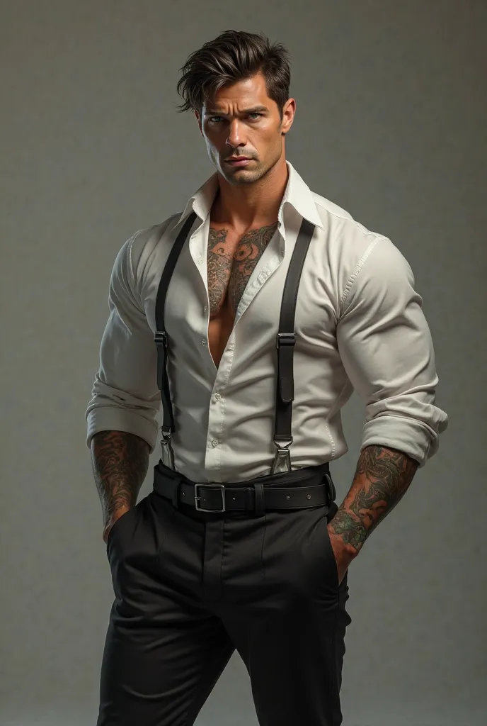 A brunette with body tattoos, Wear a suit with the white semi-open shirt, he has that seductive corner smile... He has beautiful green eyes and he's muscular style "the rock" Around 40 years old 