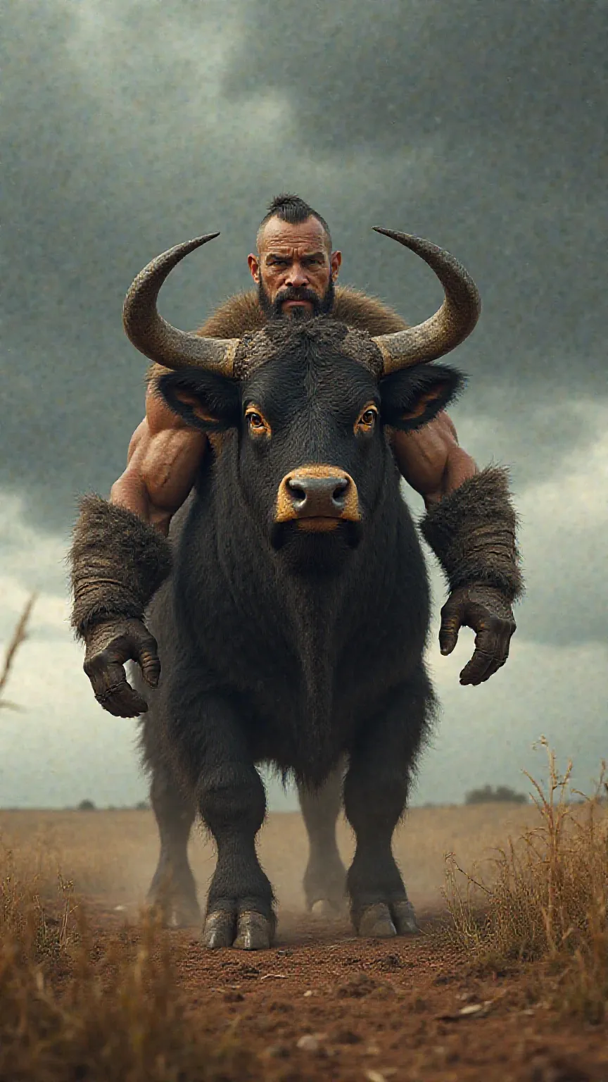 Create an ultra-detailed 8K image of a hyper-realistic fusion between a rugged warrior and a massive, muscular bull, standing firm in an open battlefield under a vast stormy sky. The fusion is biologically seamless, with every muscle, texture, and expressi...