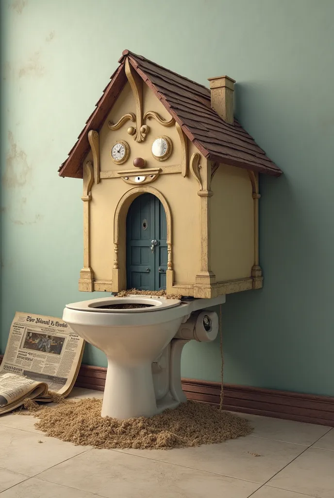 House pooping in the toilet with realistic newspaper