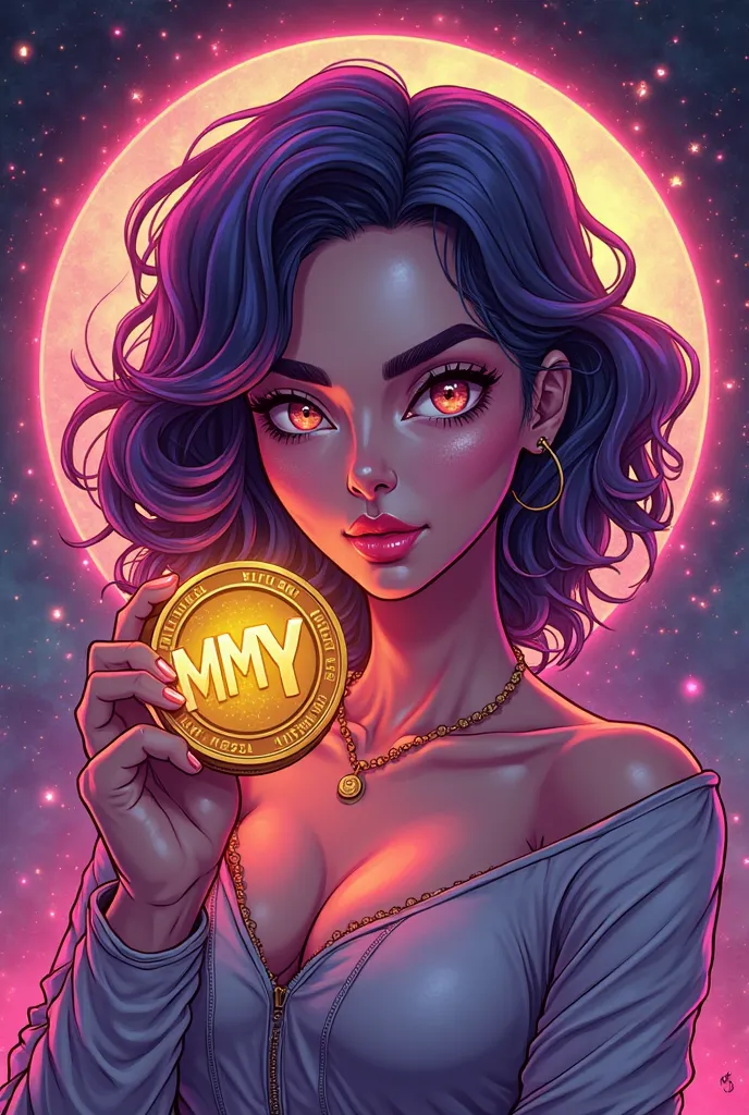 A futuristic, high-detail digital and cartoon style illustration of a powerful and caring mother figure, blending a meme-worthy aesthetic with crypto culture. She has a glowing, cyberpunk-style aura with shades of neon pink and purple, symbolizing strength...