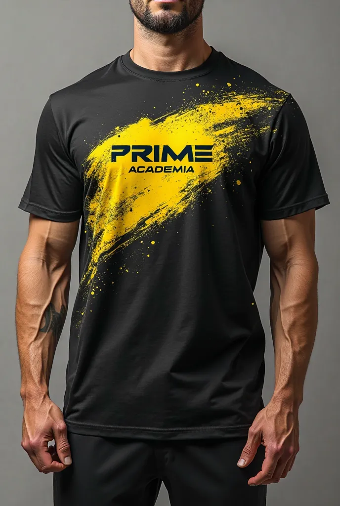 Create front and back image of a DryFit professional gym t-shirt, “PRIME ACADEMIA” in black and yellow, com design inovador.