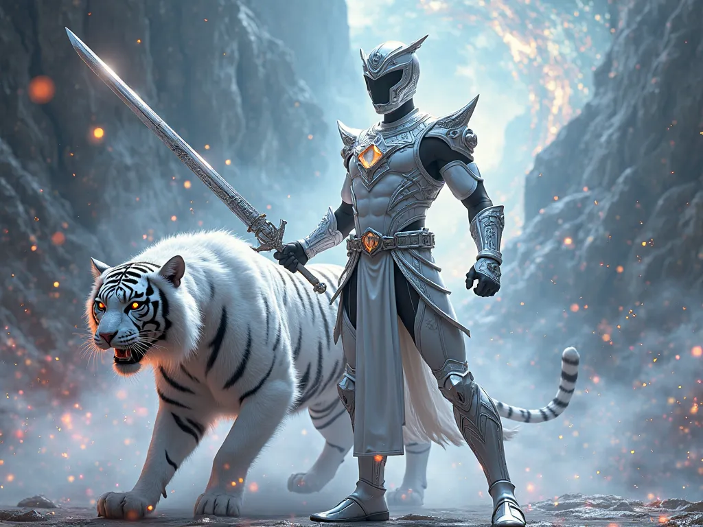 sword, armor, white tiger, Power Rangers, Saba, white ranger 3D style 4K