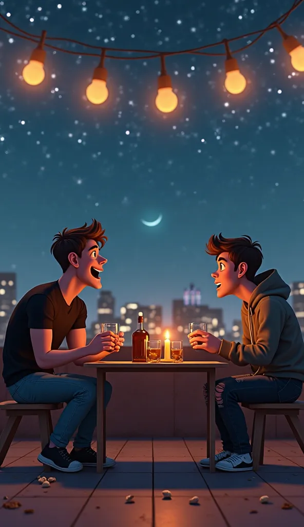 A cinematic 3D cartoon-style image of two young men sitting on a rooftop terrace late at night under a vast starry sky. One friend, wearing a casual black t-shirt and jeans, is laughing loudly, his head slightly tilted back, while the other, dressed in a h...