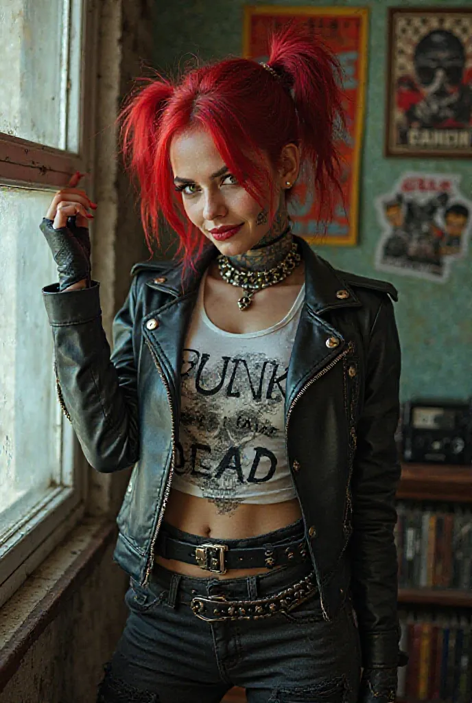  cinematic shooting . Punk girl with a red eroquoise in her 20s with green eyes, smiles menacingly, with punk tattoos on the face. Держит в руках над головой  собой ламповый телевизор и хочет выкинуть в open window. Dressed in a black leather punk jacket w...