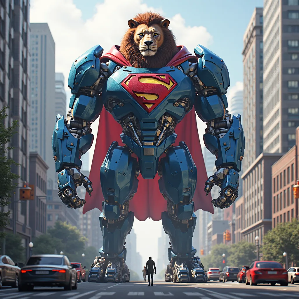 Make image realstic A real Gaint Mechanical Lion with Superman's Blue and Red color costume design With Superman logo. Natural Lion animal style. In the City and many people Car in the road