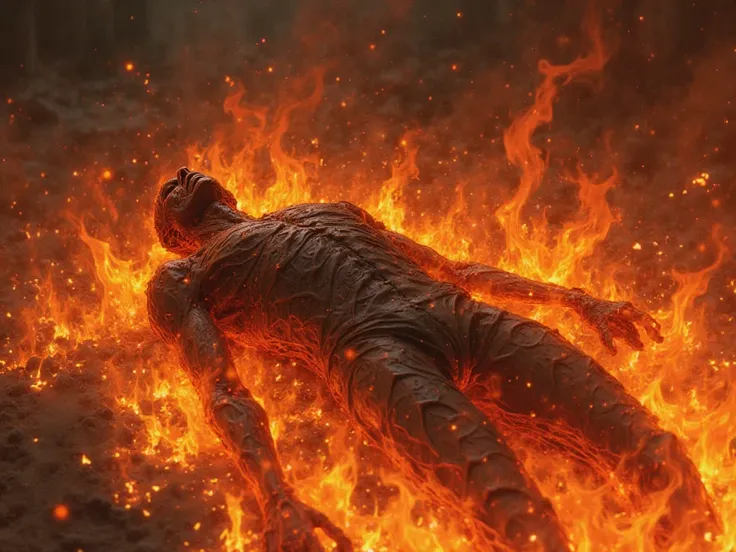 A charred body in the fire surrounded by magical and fiery flames. anime type image, realistic and serious.