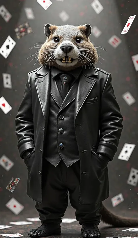 A cool beaver in a black and white leather suit with a joker's face stands with his hands in his pockets, a deck of cards randomly scattered in the air in the background.