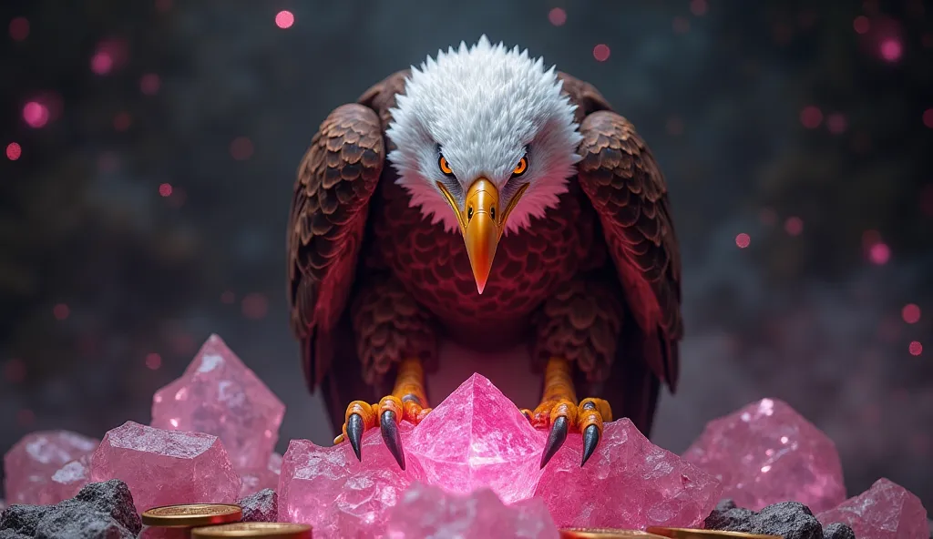 "An American eagle, White-haired, Realistic,  imposing and majestic , with detailed and shimmering feathers, perched on a pink translucent crystalline stone. Its sharp claws are firmly embedded in the stones,  transmitting strength and dominance . A pink l...