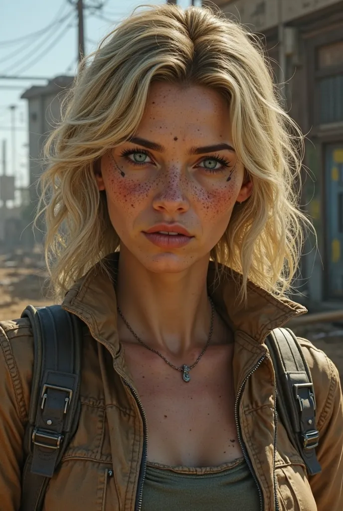 Blonde woman, freckles, scar running down right eye, wavy blonde hair, above shoulder length, middle part, smug, fallout 4, art, character reference 