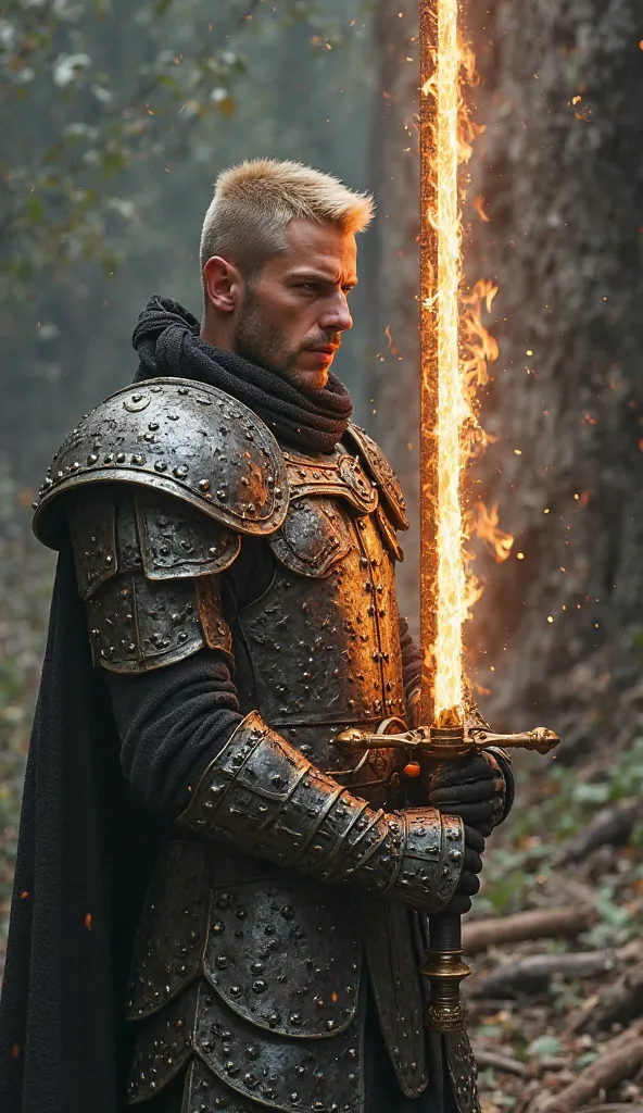 30-year-old warrior with short blond hair and shaved sides dressed in light Viking armor in studded dragon skin, sword with blade radiating sacred light and fire,  without beard 