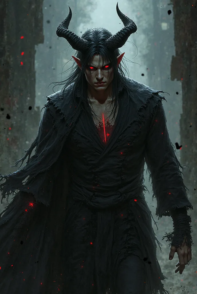 Black-haired,  with black eyes, Demon Horned, masculine male, red-eyed, with a torn dress