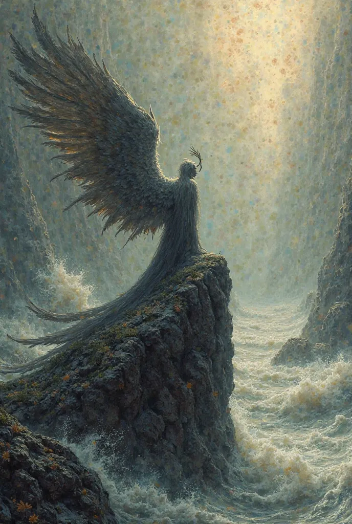 Create an image of a humanoid being with wings sitting on a rock while in the back there is a flood scene make the image in the art style of Gustave Doré 