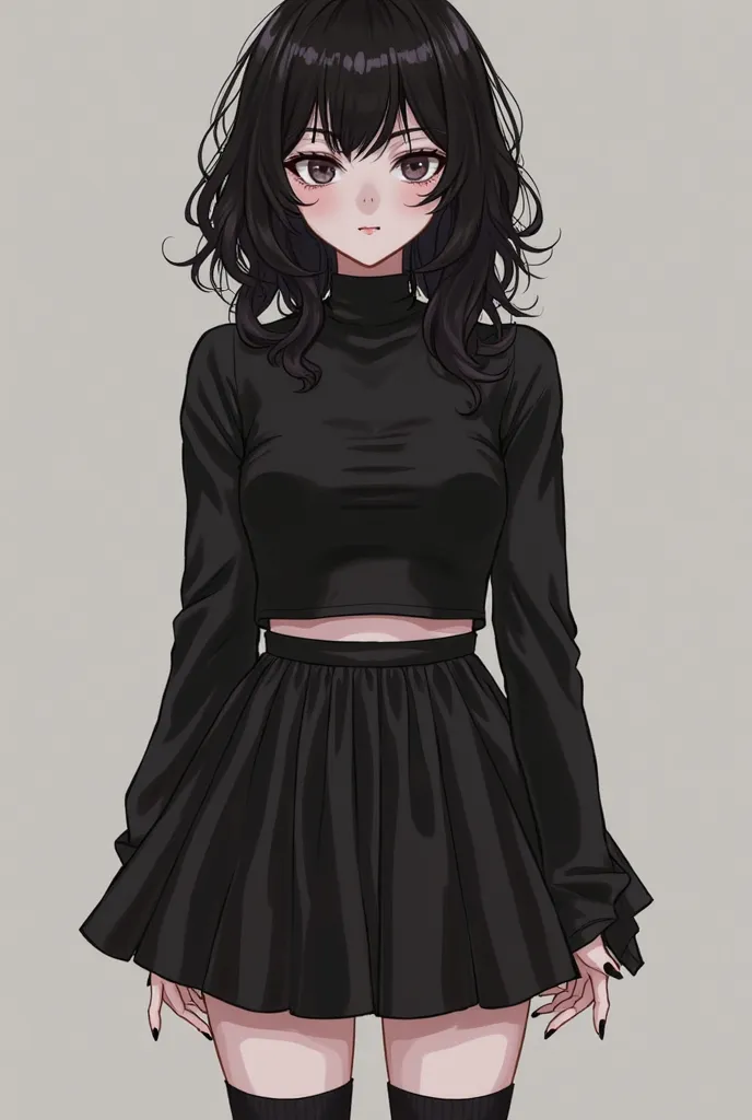 (she has black medium wavy  hair with bangs that go to just below her cheeks, her bangs are parted in the middle. She’s 5’4 and has pale skin, she’s wearing a black crop top, a black skirt, and black knee high socks)
