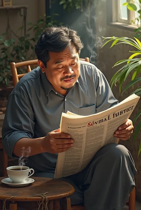 A chubby Vietnamese guy, curly hair , sitting reading the newspaper, smoke, next to the coffee. Root seen from the top down. 