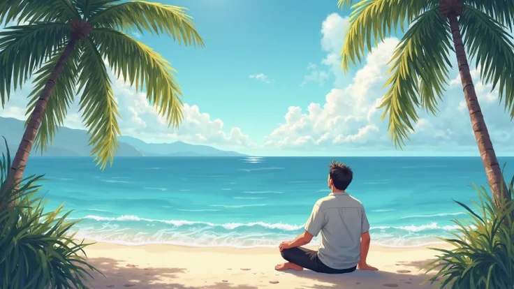 The photo is high quality, realistic. A man sits by the sea and looks. SURROUNDING SEA, BEACH, PALM TREES