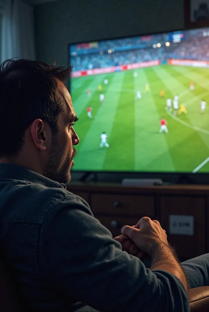 Create an image of a man watching a soccer game on TV 