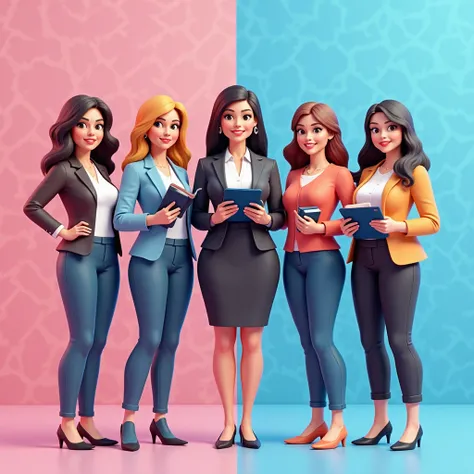 A vibrant 3D cartoon-style image of six professional women standing together against a stylish split pink and blue background, representing different roles in an advertising agency. Each woman showcases her unique role through distinct attire and props: Th...