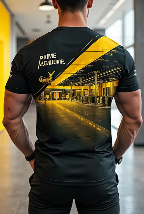 Create front and back image of a DryFit professional gym t-shirt, “PRIME ACADEMIA” in black and yellow, with custom design, an innovative image of the gym, Image examples: alteres