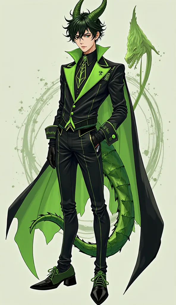 creation of a character sheet (full body)  In an elegant pose , From a young boy, with dragon features such as tails and horns, That she has a wardrobe that is eye-catching to the eye with lots of details, with shades of electric apple green and black, wit...