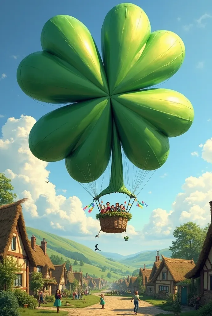 A giant shamrock-shaped hot air balloon floating over a picturesque Irish village, with people waving from below