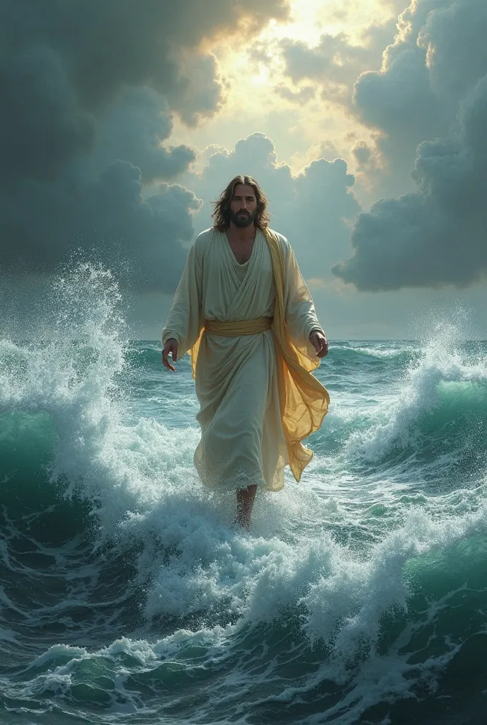 Create the image of Jesus walking on water in the midst of a storm