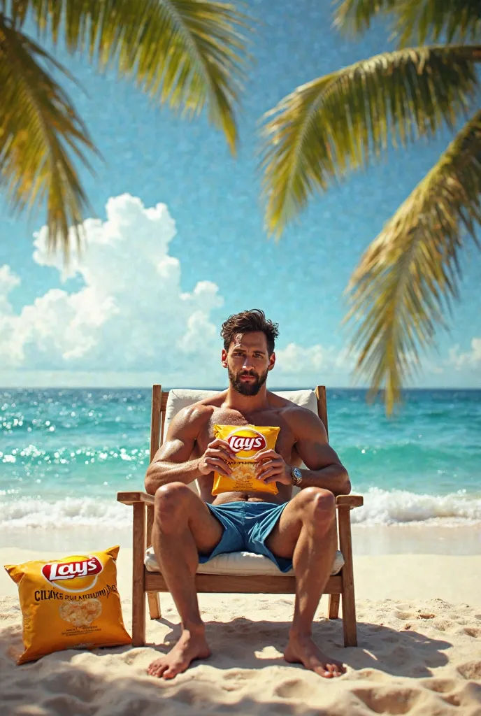 Messi in the beach eating lays sitting on a chair