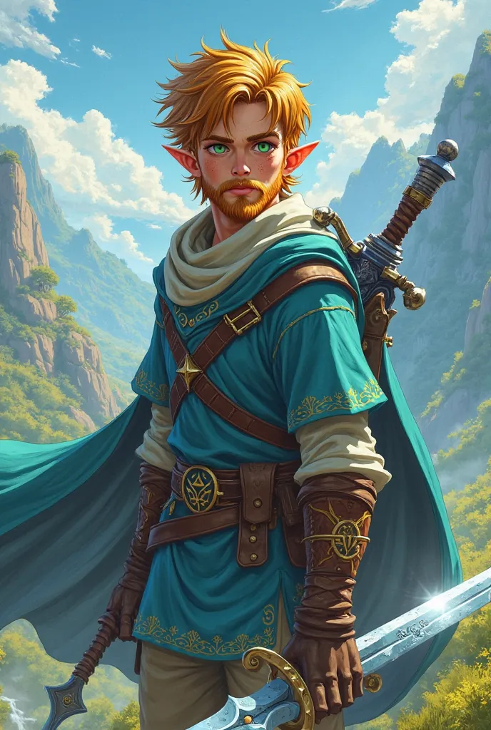 Legendary Male, Ginger, green eyes, freckles, short hair, unshaven beard, Zelda style in open world combat, holding the great frostblade, 4K, game character design, CGSociety, vibrant, award winning masterpiece. Panorama view. Anime style