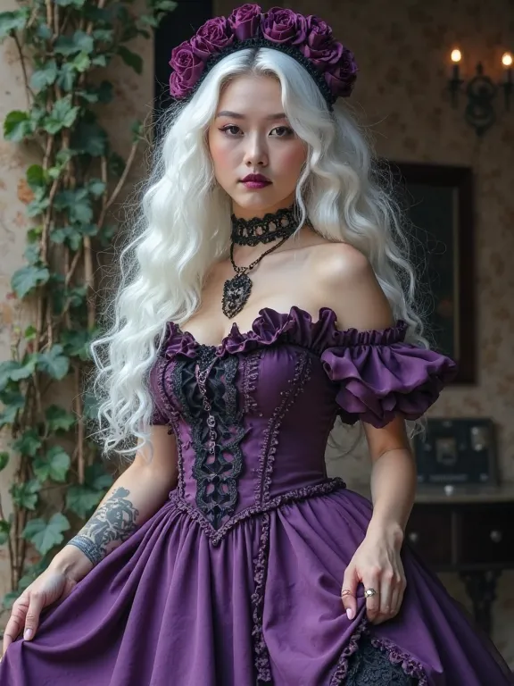  A 23-year-old gothic punk goth girl, perfect face, beautiful Asian woman with long White hair in curls and coils, very cute and           beautiful girl, (highly detailed beautiful face),
]cowboy shot, looking at viewer, skirt lift, white panties (Deep Pu...