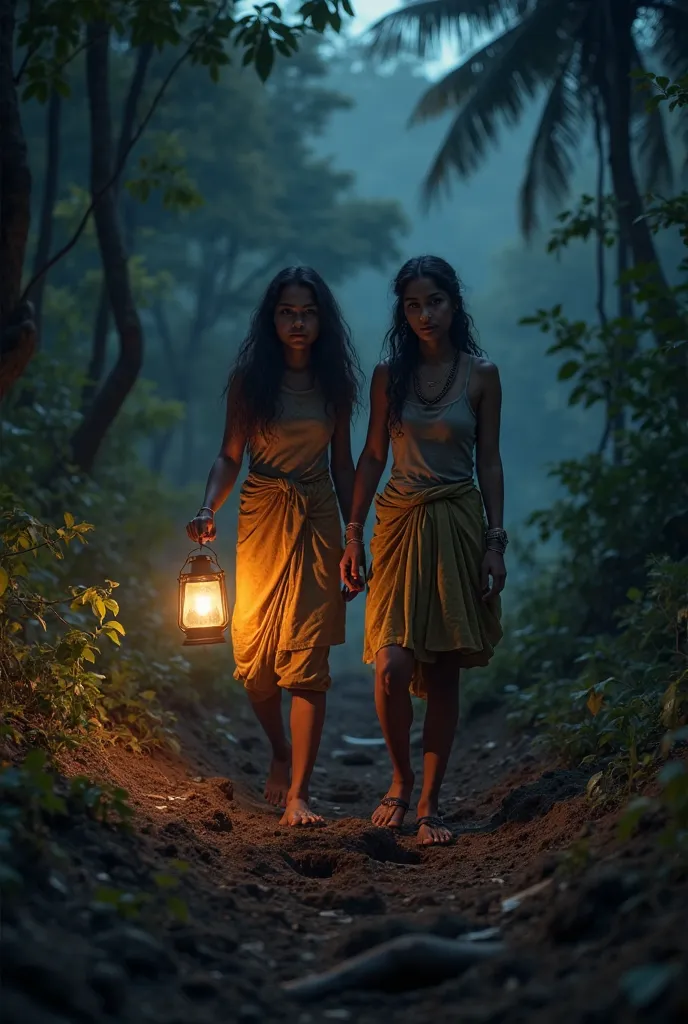 Indian young poor couple going to forest at night for To dig holes in the soil