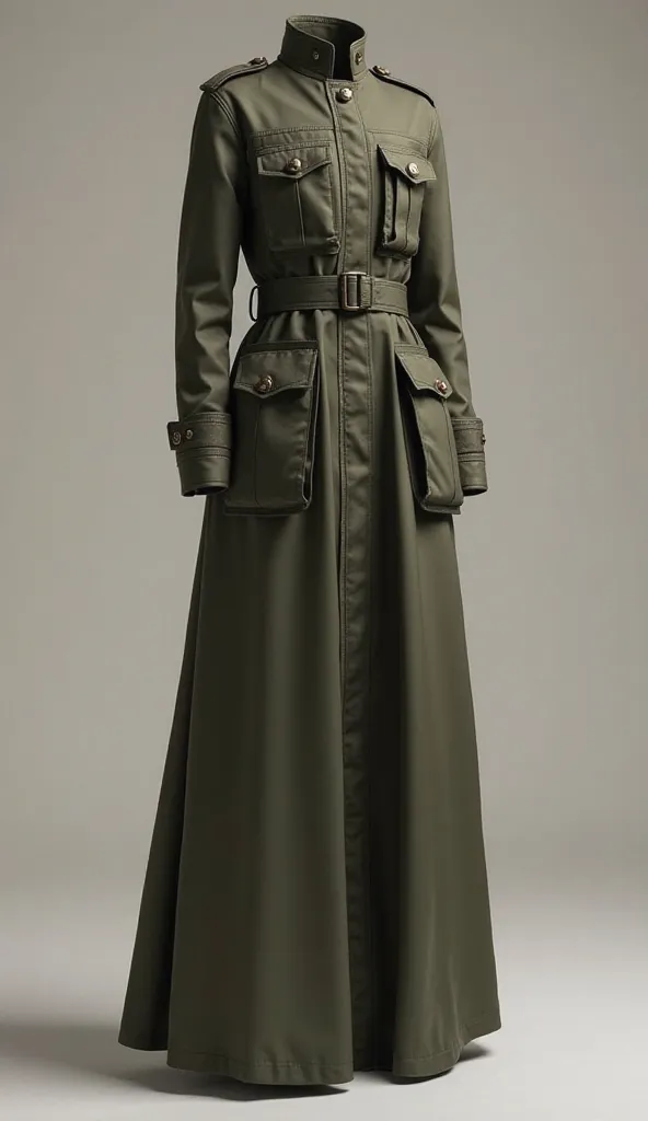 Create a realistic image of a long military-style gabardine fabric dress, with cuffed sleeves and lots of pockets