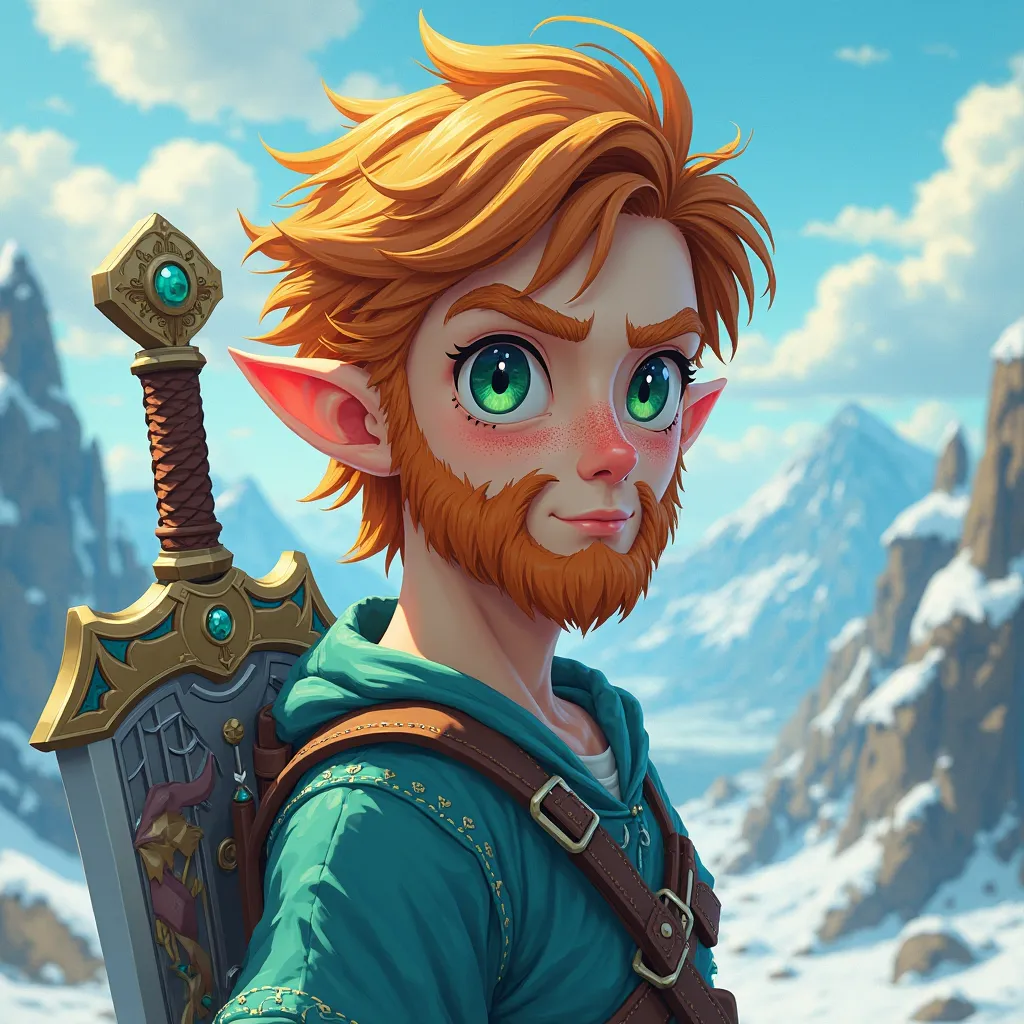 Legendary Male, Ginger, green eyes, freckles, short hair, unshaven beard, Zelda style in open world combat, holding the great frostblade, 4K, game character design, CGSociety, vibrant, award winning masterpiece. Panorama view. Anime style