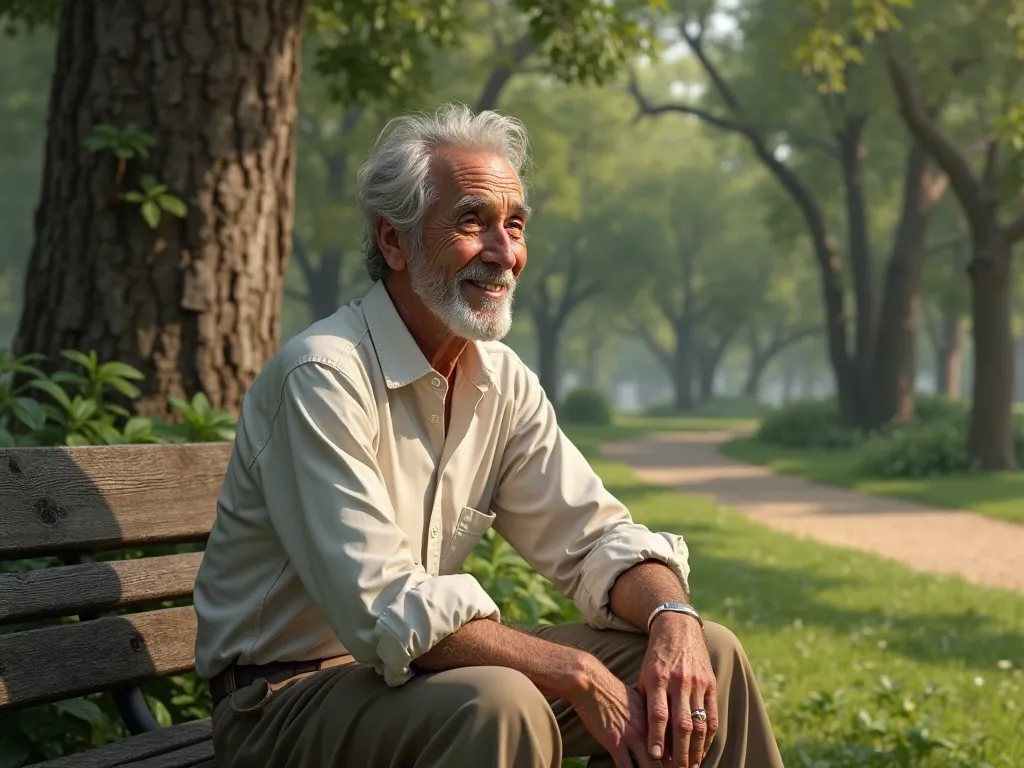 Create an old man sitting in a quiet park while smiling, ultra realistic