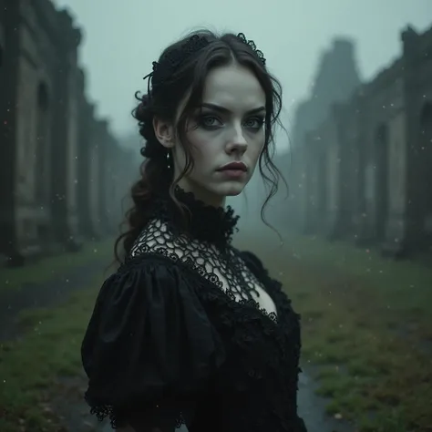 A stunning gothic model with pale skin and intense eyes, wearing a detailed Victorian gothic dress adorned with lace and black velvet. The scene is captured with an Arri Alexa LF camera using a Zeiss Master Prime 50mm f/1.4 lens, creating a cinematic bokeh...