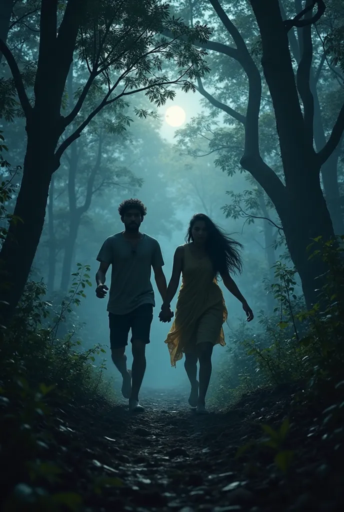 Indian young poor couple running fearly at forest at night 