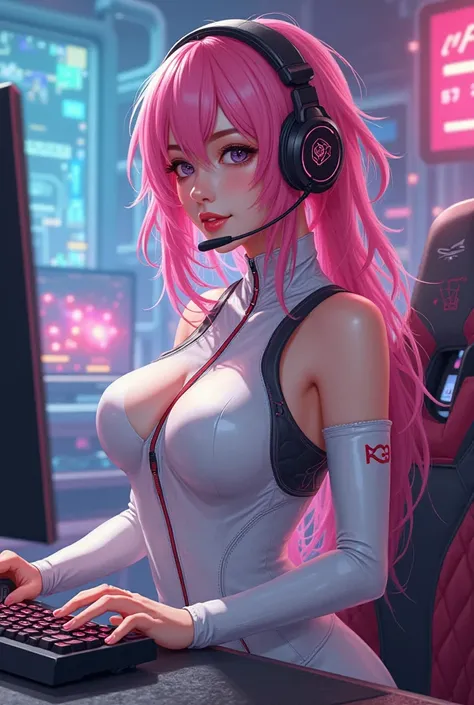 Anime female gamer with big boobs wearing black gamer headset with pink hair wearing a sexy white jumpsuit 