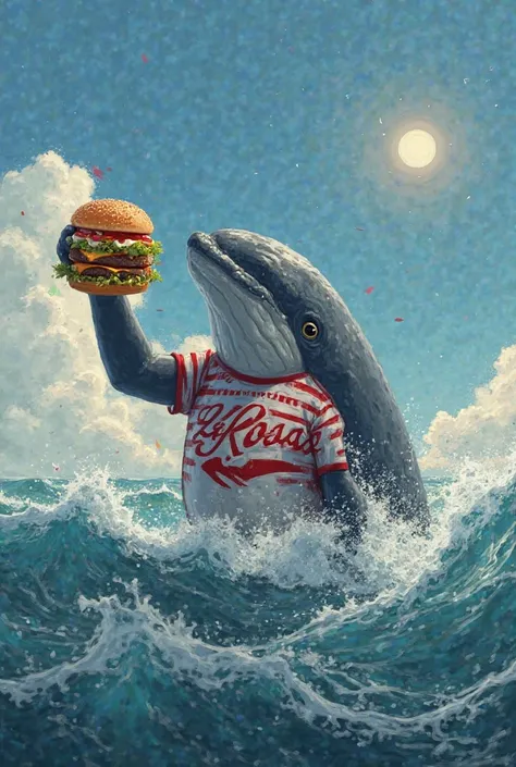 make an american whale with a shirt saying "I love larosa" and make the whale hold and hamburger 