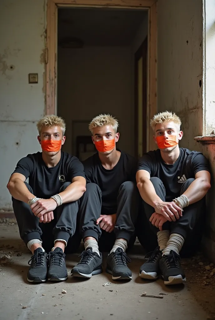 Three blond men wearing black Puma, Asics and Adidas running shoes, college pants and t-shirt and with bristle. The blond men are sitting tied up in abandoned house, legs bound together with white rope from ancles and feet soles, hands bound behind back, w...