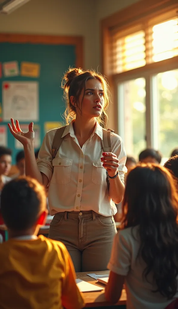 *"A hyperrealistic and cinematic image of a passionate female teacher in a vibrant classroom, illuminated by the warm light of the evening that comes through the windows. She, a woman with her hair tied up with some loose locks framing her face, He wears s...