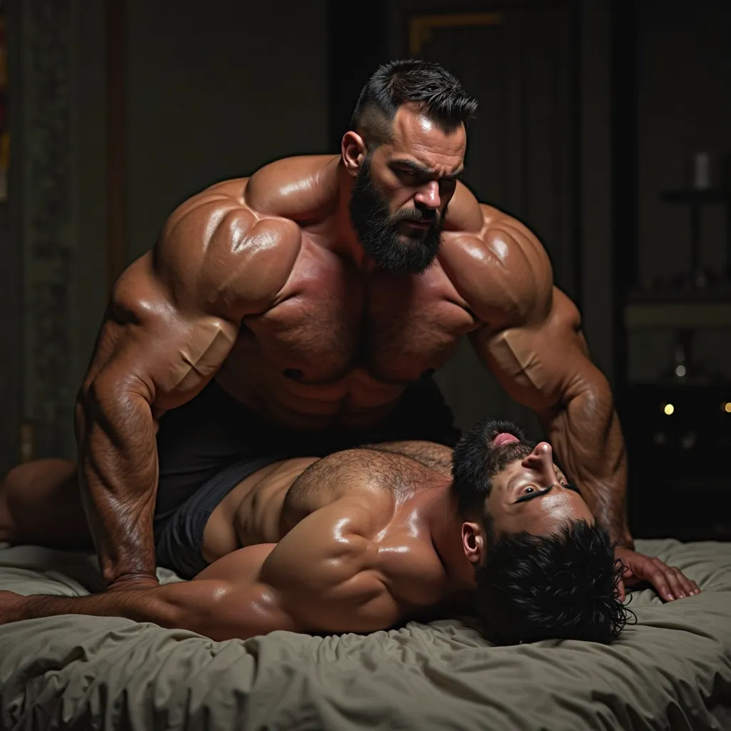 A hyper realistic photo of a gay hairy muscle hunk doing a one hand stand push-up in bed over his gay male muscle partner lying on his back worshipping the pecs of his partner. He has massive trapezium muscle, massive hairy pecs and abs, massive biceps and...