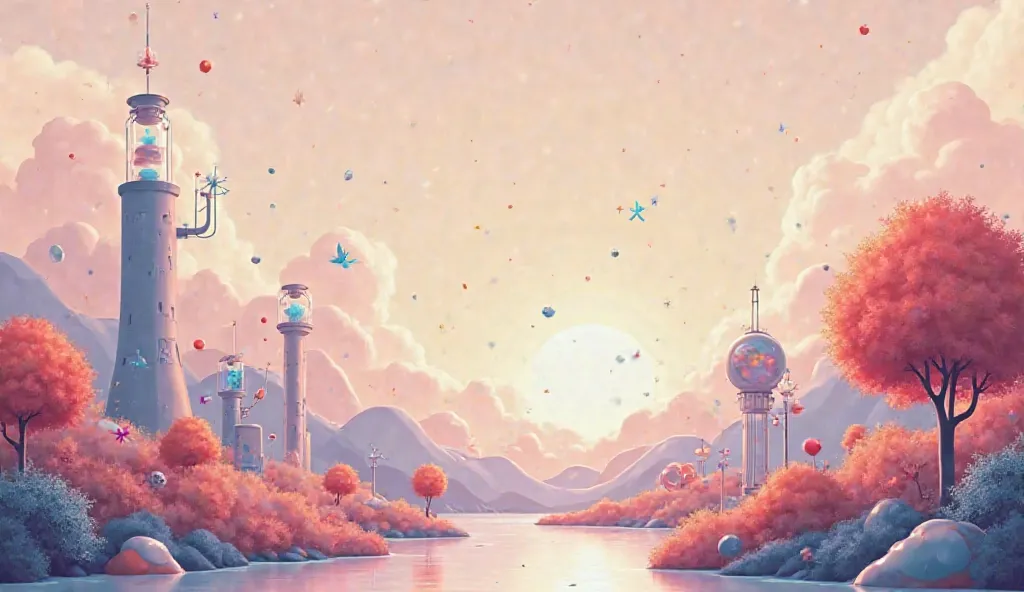 A background image that symbolizes science, progress, education, university with a subtle, cozy, Kurzgesagt-like style 