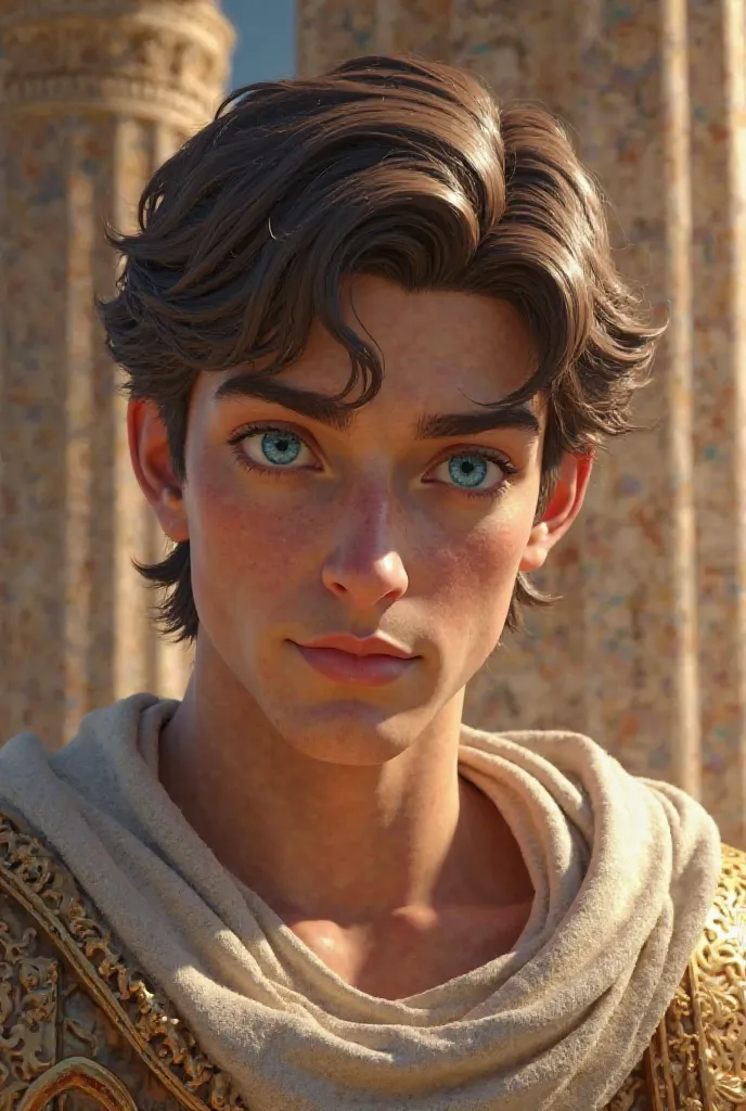 Hermes of Olympus with blue eyes and brown hair up close at the Temple of Olympus 
