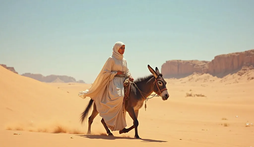 A woman in the desert wearing an old white Arabic dress riding a donkey