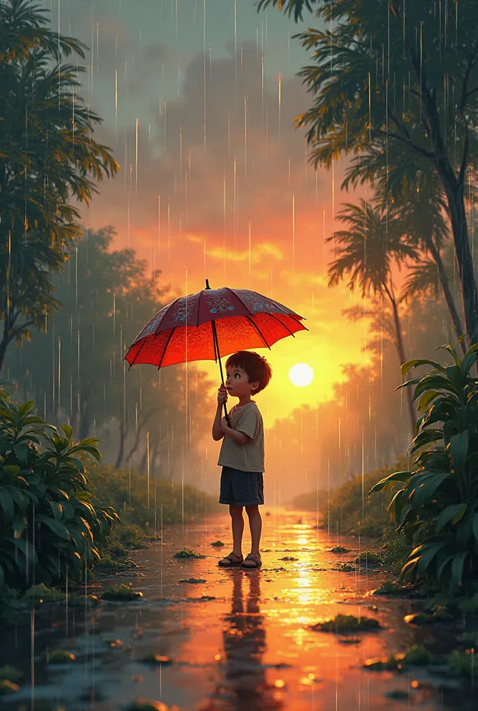 A boy clutching an umbrella in the rain at sunset