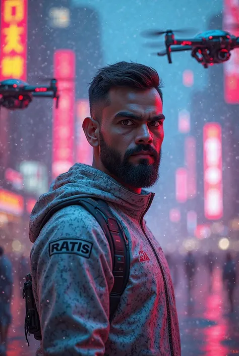 Virat Kohli in a cyberpunk world, neon lights reflecting on his face, wearing a high-tech cricket suit, with drones flying around — futuristic, sci-fi, high detail"