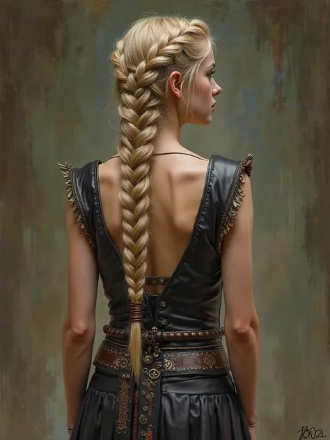  a beautiful 19 year old blonde girl with traditional Nordic Viking braids. Wearing an open back skin tight warrior style black leather vest with Nordic designs, and a warrior style skirt that flows down to her ankles. Renaissance painting style.