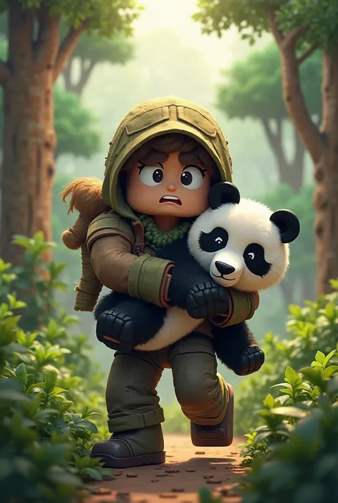 Make a guy who stole a panda from the jungle in the style of Minecraft 