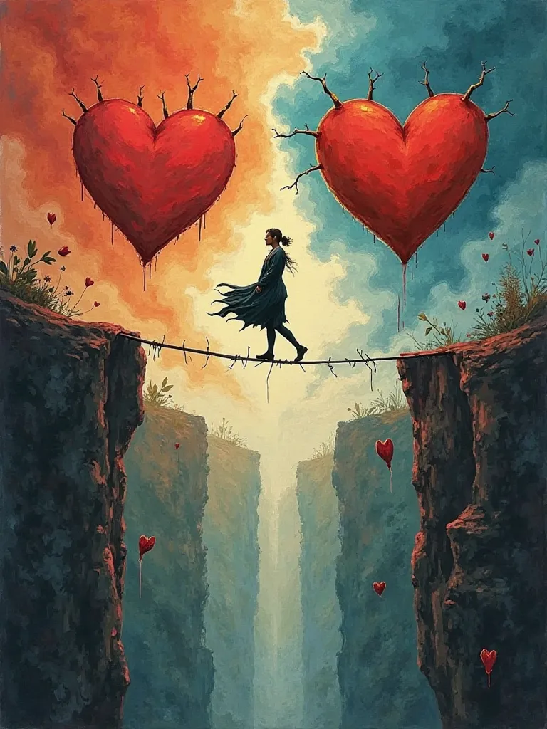 "A symbolic illustration representing 'loyalty to infidelity.' A person walks a tightrope stretched between two hearts, each heart representing a different partner. Below, an abyss of guilt and consequences looms, while ghostly hands from past betrayals re...