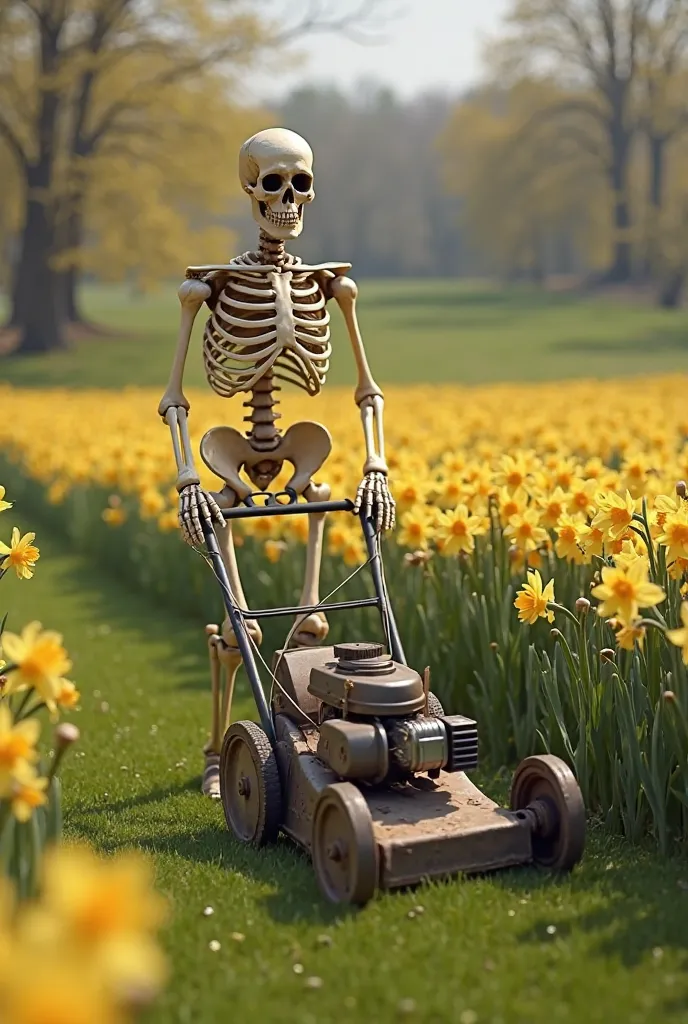 Realistic skeleton mowing daffodils