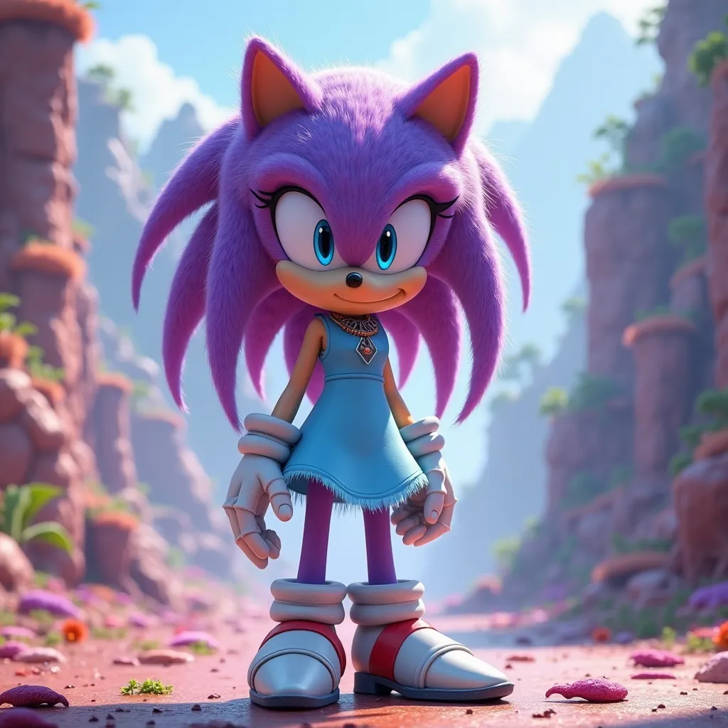 Purple female Hedgehog. long straight quills. Sonic the hedgehog Universe. Light Blue dress. White heals. Blue eyes.