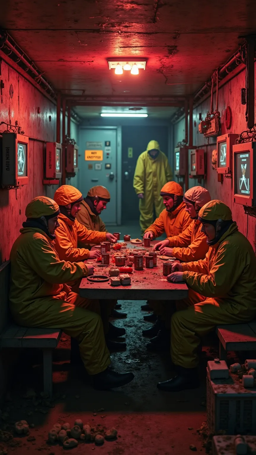 Inside an underground bunker in a post-nuclear apocalypse world.  A claustrophobic environment , illuminated by flashing red lights. Rusty metal walls, old computer screens displaying radiation signals on the surface. A small group of survivors dressed in ...